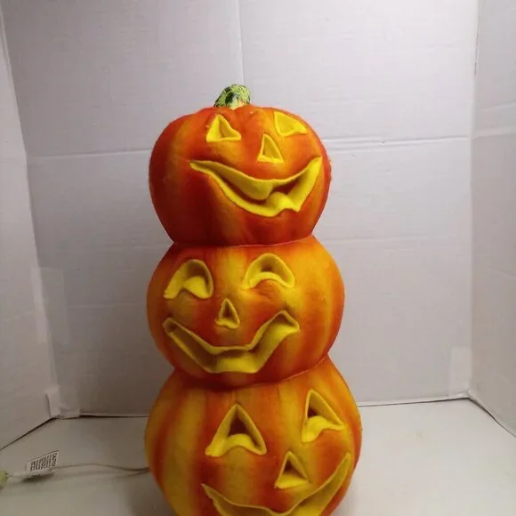 Vintage 3 Tier Jack O Lantern Pumpkin Felt Covered Blow Mold Halloween 18" Works - Picture 2 of 13